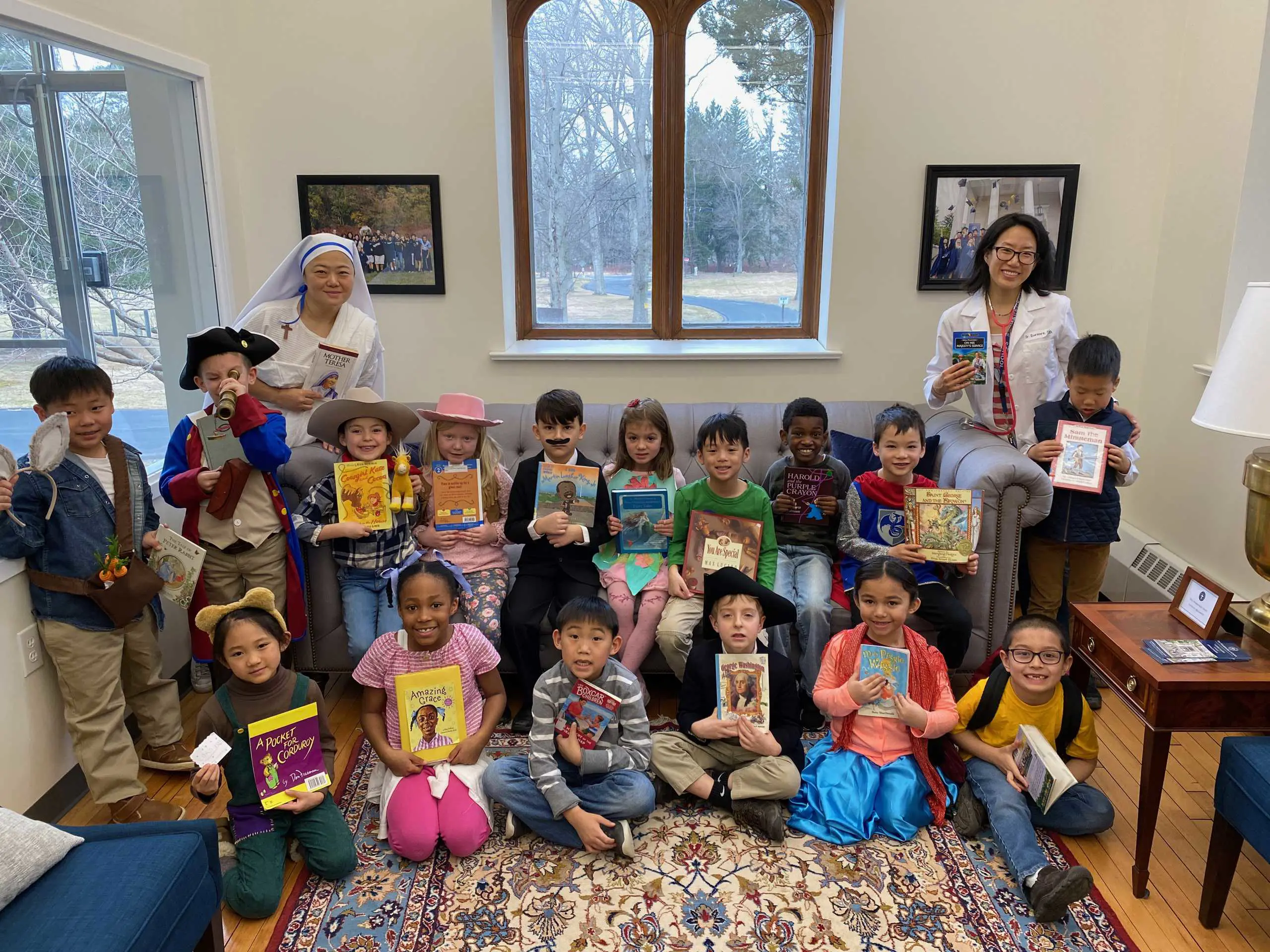 Group photograph of students and teachers dressed up for the Reading Rally.